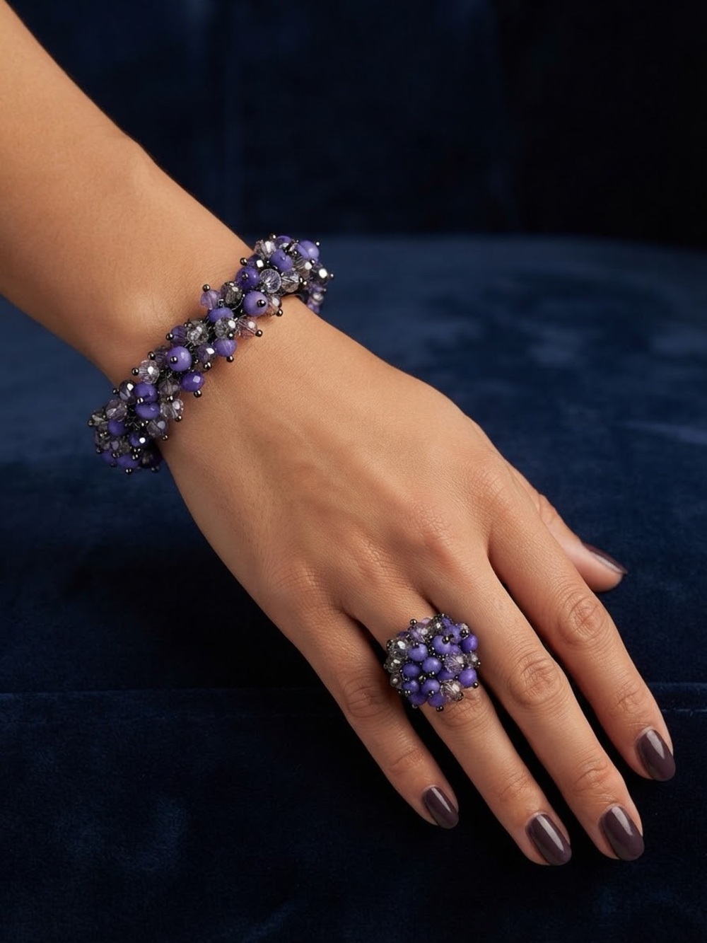 Purple Cluster Beaded Elastic Bracelet and Ring Set